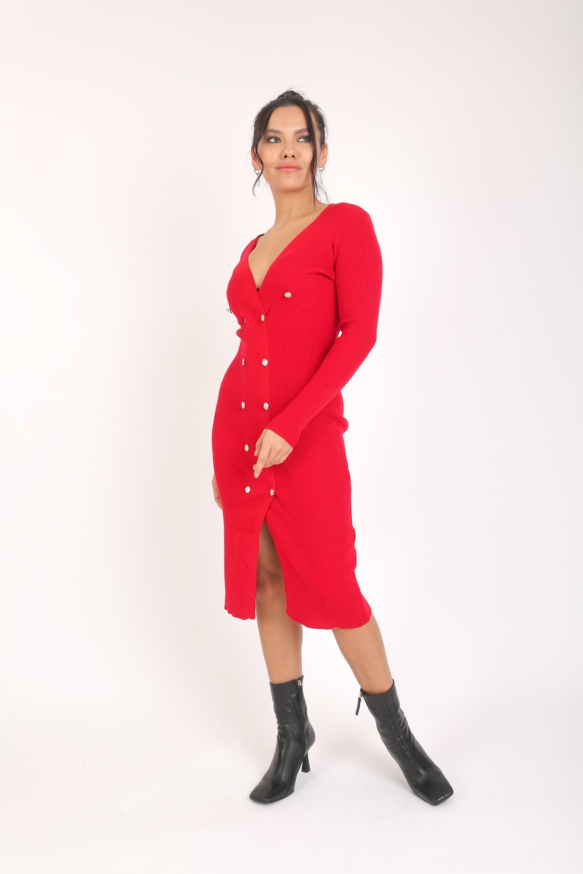 93316 GOLD DUGME DETAYLI TRIKO ELBISE