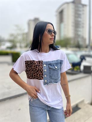 019 LEOPAR VE KOT DETAYLI TSHIRT