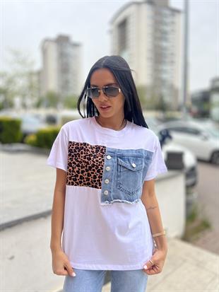 019 LEOPAR VE KOT DETAYLI TSHIRT