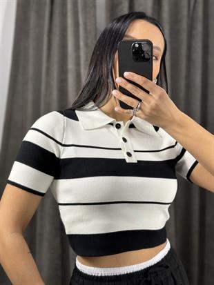 10532 POLO YAKA CIZGILI DUGMELI TRIKO TOP