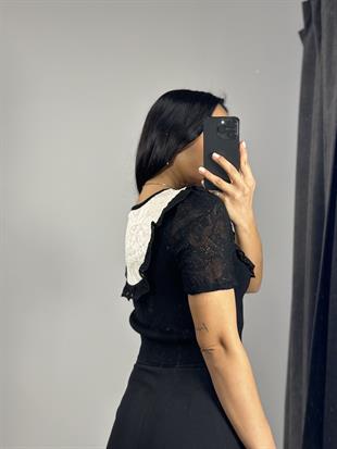 10541 BISIKLET YAKA DANTELLI CROP TRIKO KAZAK