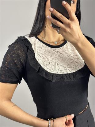 10541 BISIKLET YAKA DANTELLI CROP TRIKO KAZAK