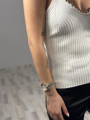 10607 ASKILI ZINCIRLI FITILLI TRIKO BLUZ
