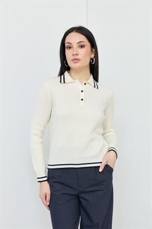10707 POLO YAKA CIZGILI YUMUSAK DOKULU DUGMELI TRIKO KAZAK