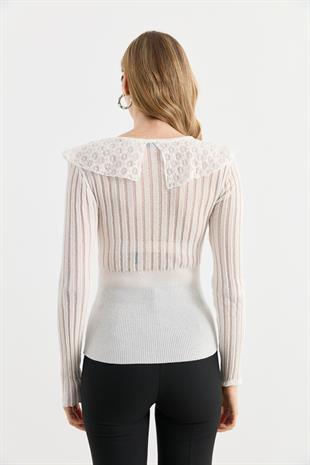 10717 BISILET YAKA DANTEL FIRFIRLI TRIKO KAZAK