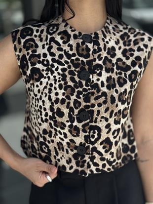 16414 LEOPAR DESEN KOLSUZ YIRTMACLI YELEK