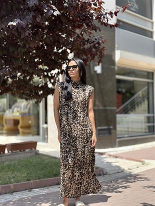 16441 LEOPAR DESEN PLISELI ELBISE
