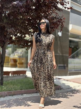 16441 LEOPAR DESEN PLISELI ELBISE