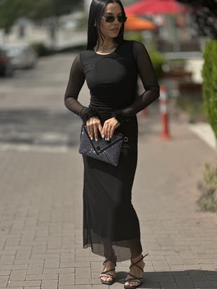 2657 BEL BUZGULU KOL UCU TUL DETAYLI ELBISE