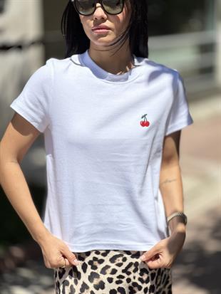 31045 KIRAZ NAKISLI BISIKLET YAKA T-SHIRT