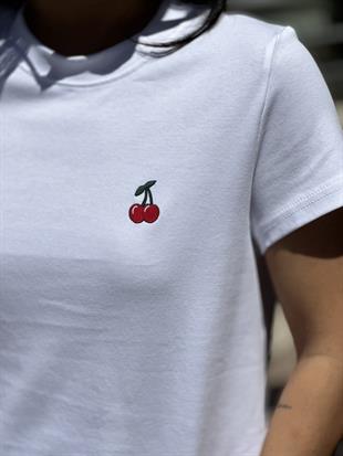 31045 KIRAZ NAKISLI BISIKLET YAKA T-SHIRT