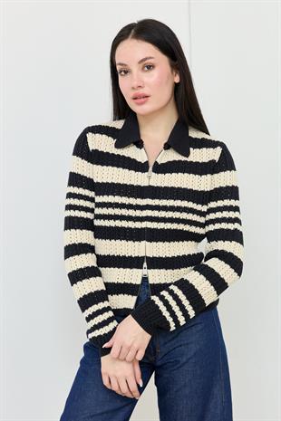 60962 POLO YAKA CIZGILI FERMUARLI TRIKO HIRKA