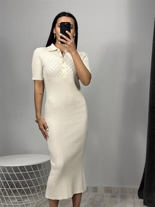 90188 Polo Yaka Fitilli Düğmeli Triko Elbise