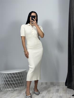 90188 Polo Yaka Fitilli Düğmeli Triko Elbise