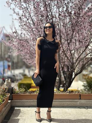 90201 FITILLI FIRFIR KUMAS DETAYLI TRIKO ELBISE