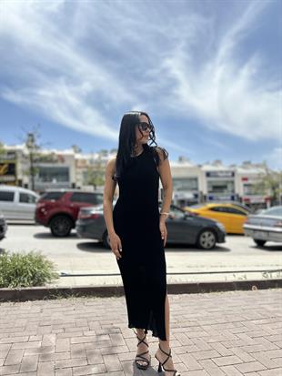 90202 FITILLI ASTARLI YIRTMAC DETALI INCE TRIKO ELBISE