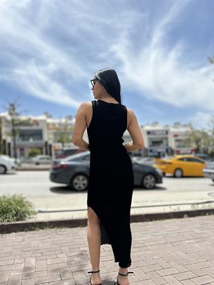 90202 FITILLI ASTARLI YIRTMAC DETALI INCE TRIKO ELBISE