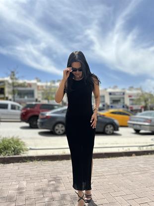 90202 FITILLI ASTARLI YIRTMAC DETALI INCE TRIKO ELBISE