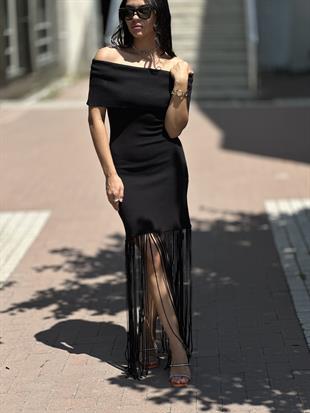 90217 BARDOT YAKA PUSKULLU TRIKO ELBISE