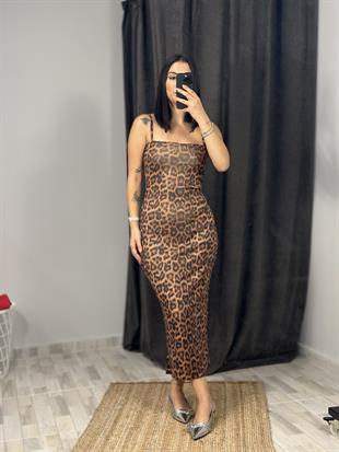 90229 ASKILI LEOPAR BASKILI TRIKO ELBISE