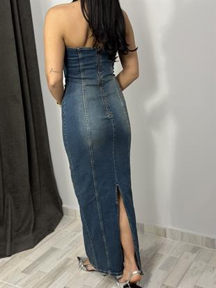90535 LİKRALI UZUN STRAPLEZ ELBİSE