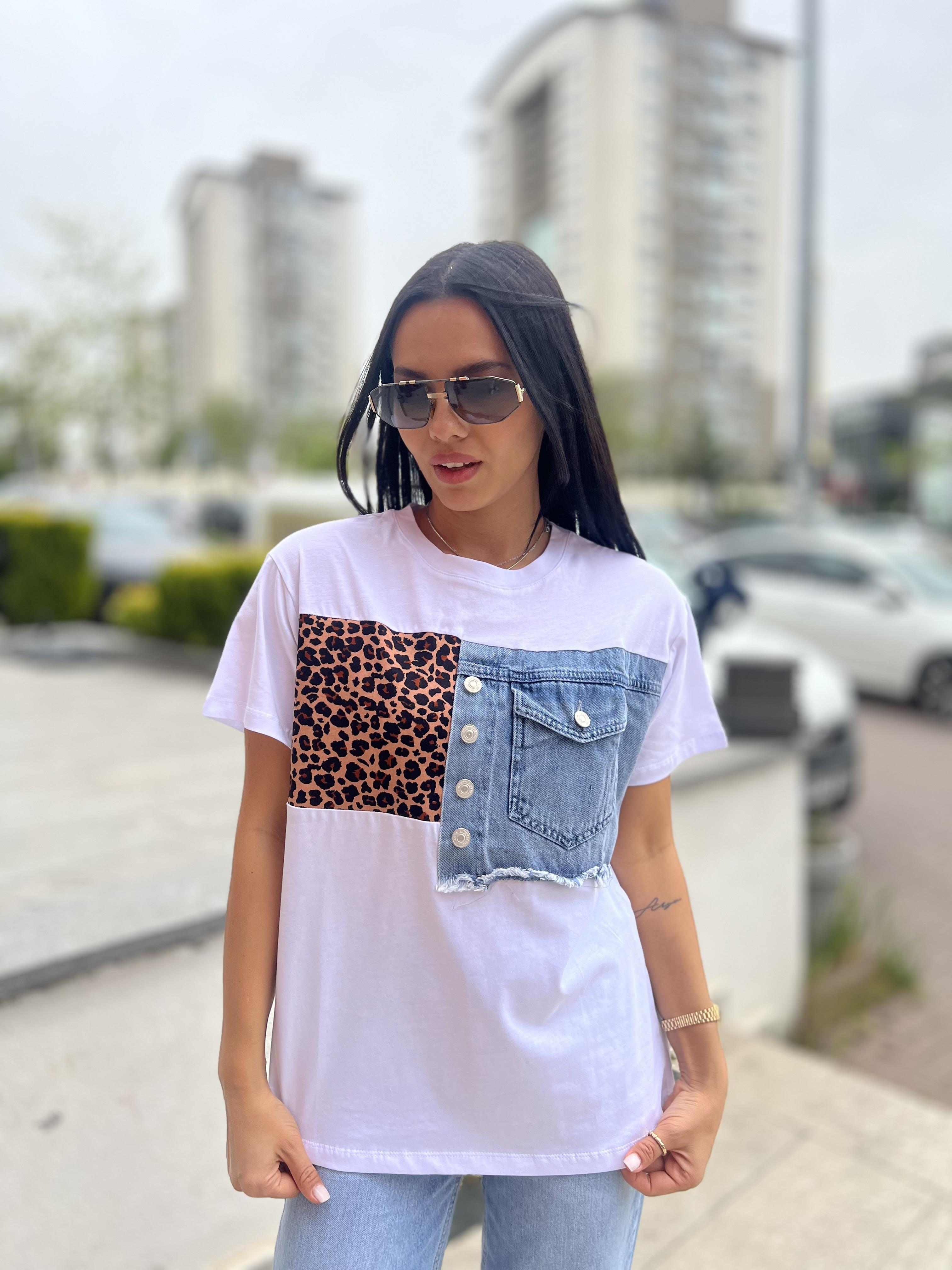 019 LEOPAR VE KOT DETAYLI TSHIRT