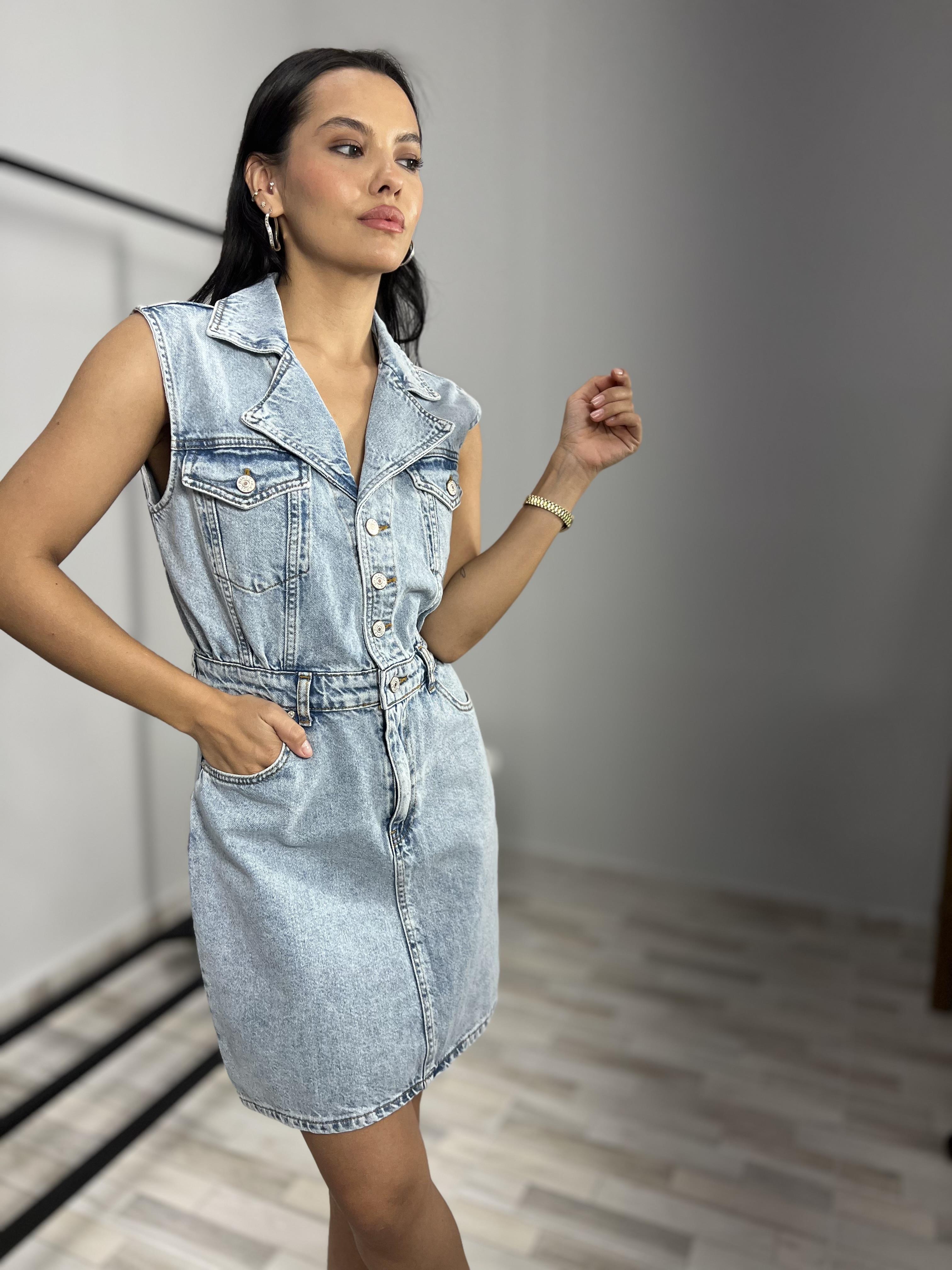 718 SIFIRKOL DENIM ELBISE