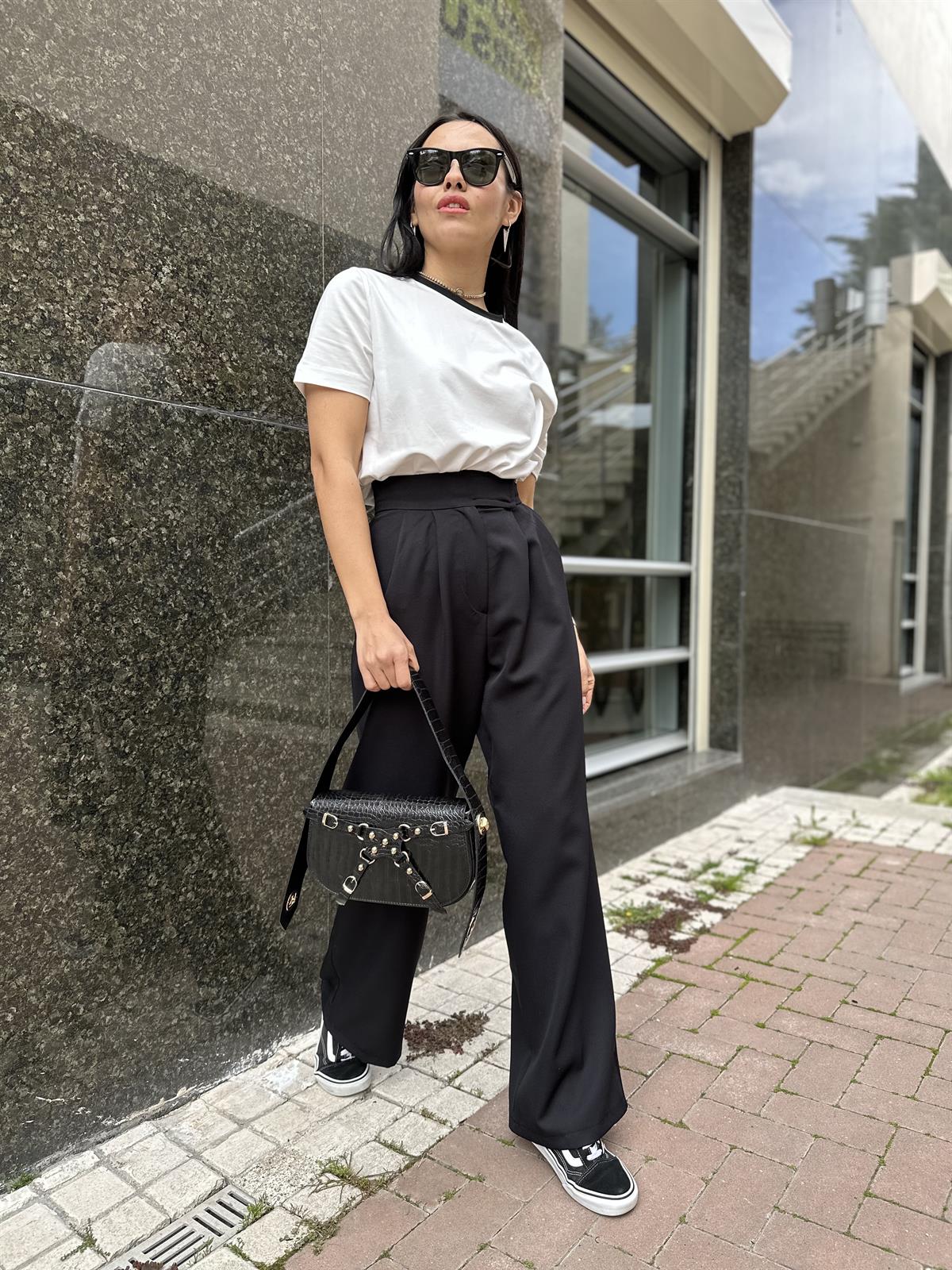 9988 BELI CIRT CIRTLI YUKSEK BEL KUMAS PANTOLON