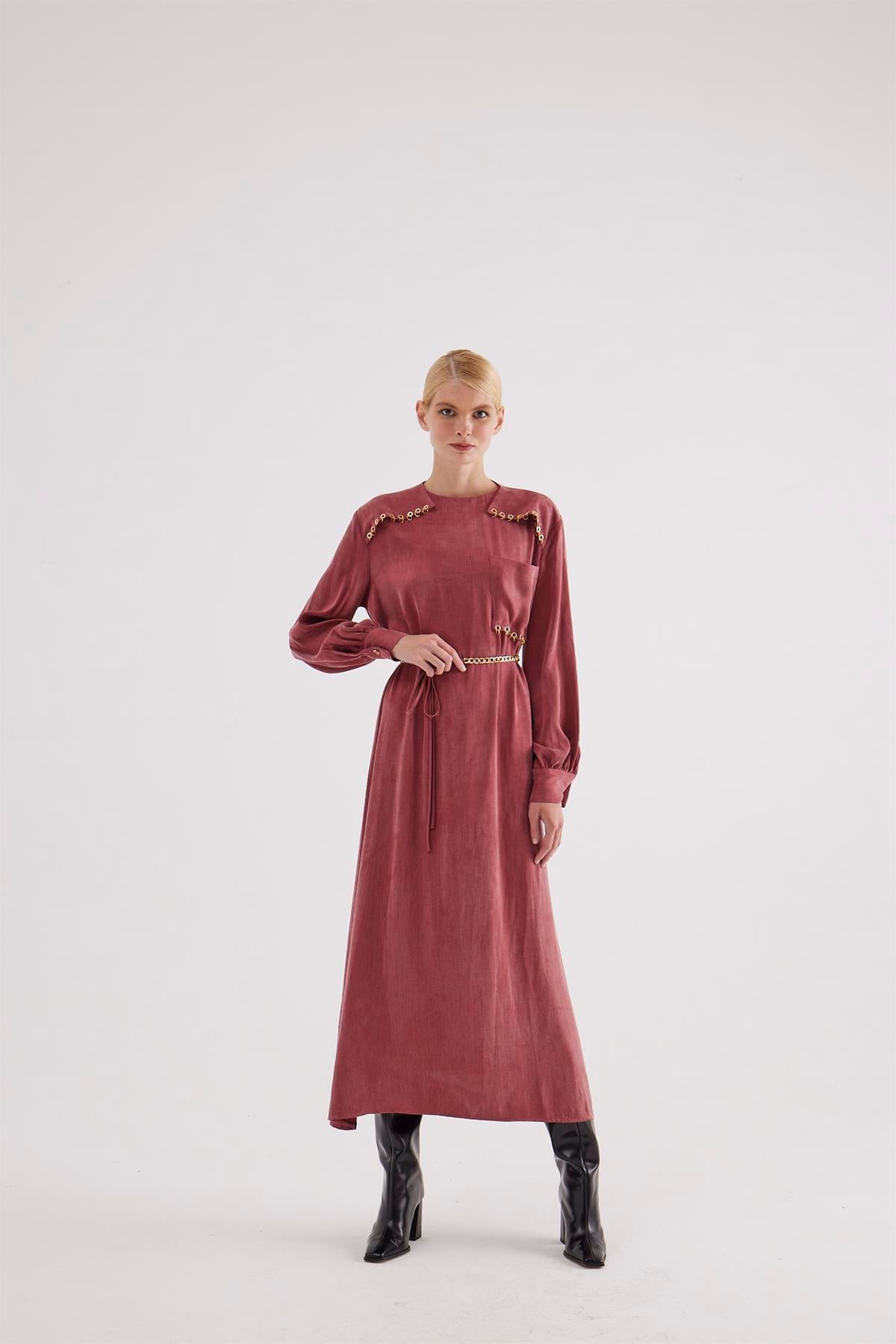 CARMEN GOLD DETAYLI ELBİSE BORDO