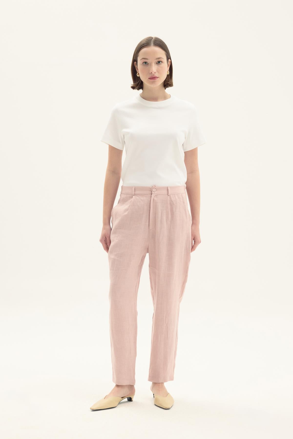 ELVİRA 100% KETEN HAVUÇ PANTOLON PEMBE