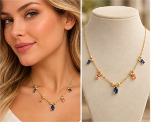 Renkli Zirkon Taşlı Dorika Top Detaylı Sallantılı Kolye