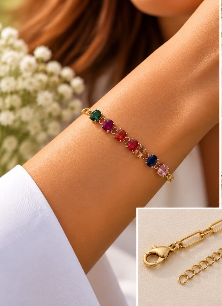 Renkli Zirkon Taşlı Altın Kaplama Gümüş Bileklik