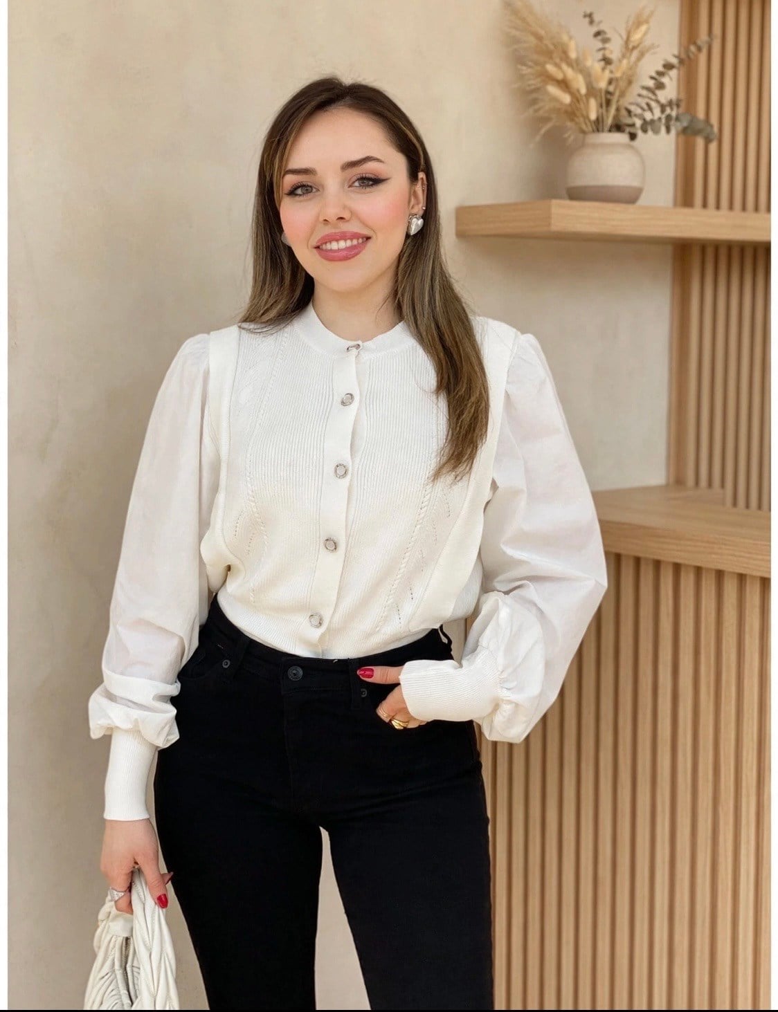  Beyaz Sedef Düğmeli Kolları Poplin Elit Triko Hırka 