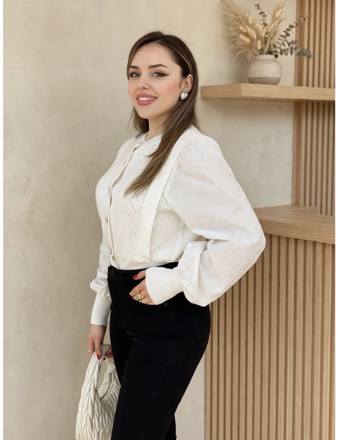  Beyaz Sedef Düğmeli Kolları Poplin Elit Triko Hırka 