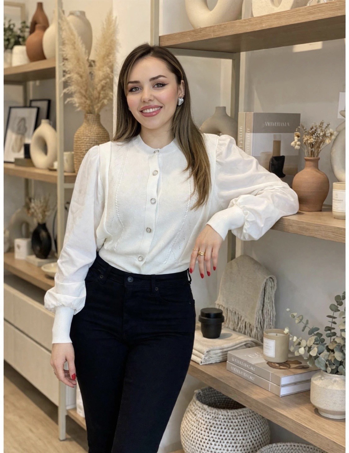  Beyaz Sedef Düğmeli Kolları Poplin Elit Triko Hırka 