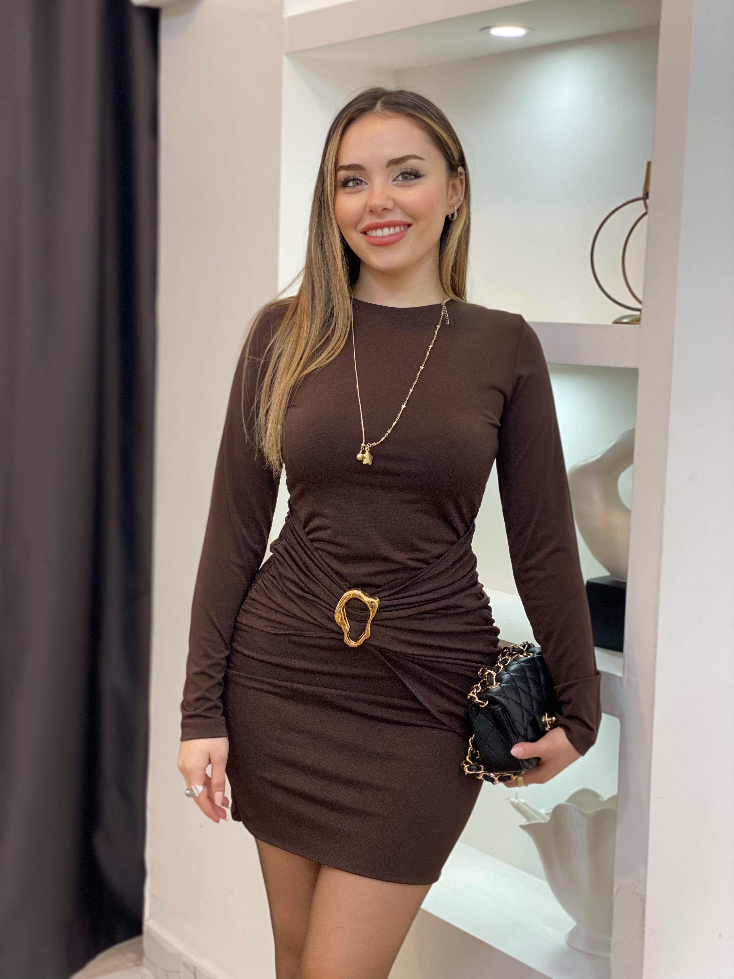  Kahve Gold Broş Detaylı Elbise