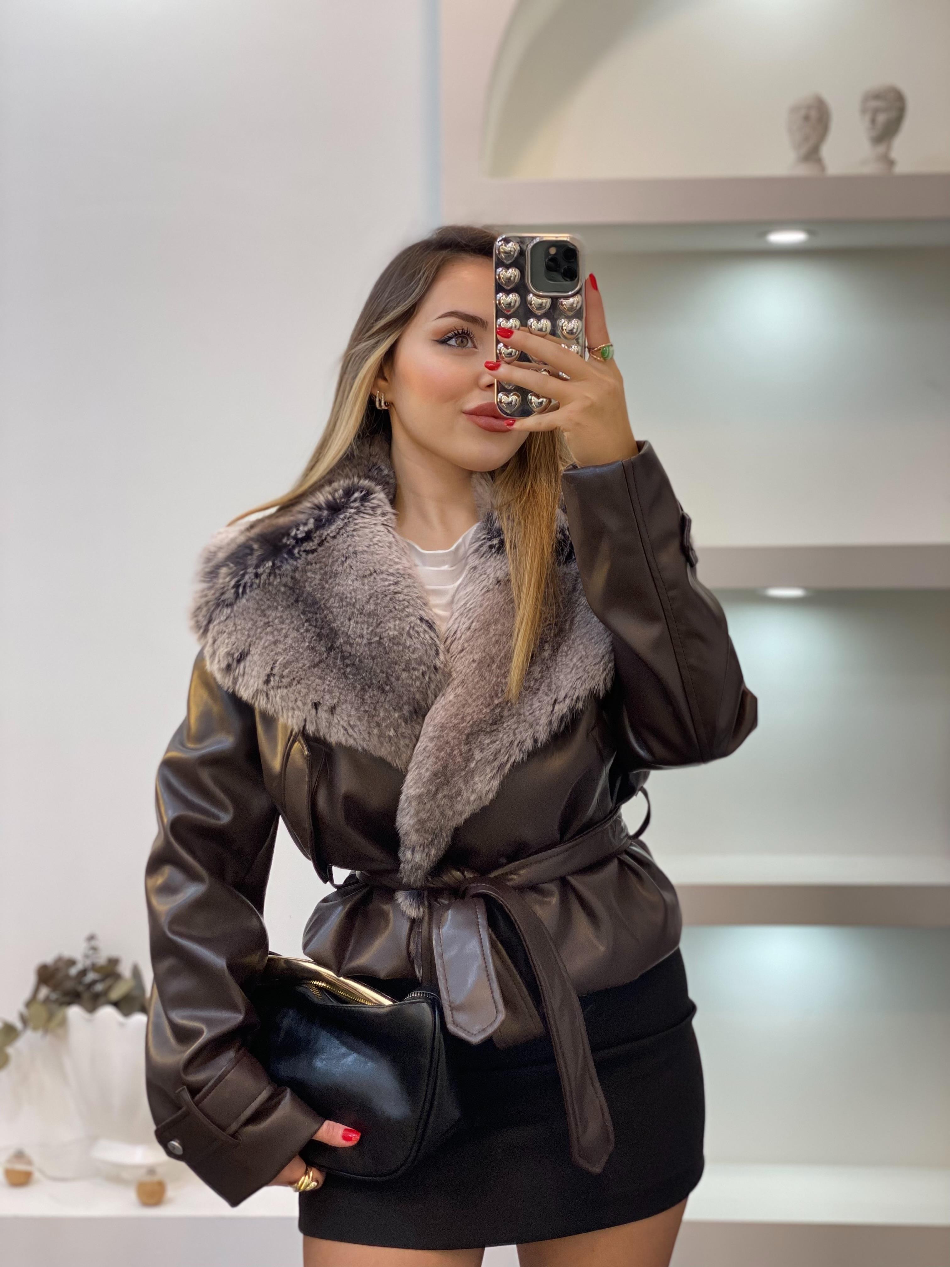Acı Kahve Premium Kürk Yaka Deri Ceket