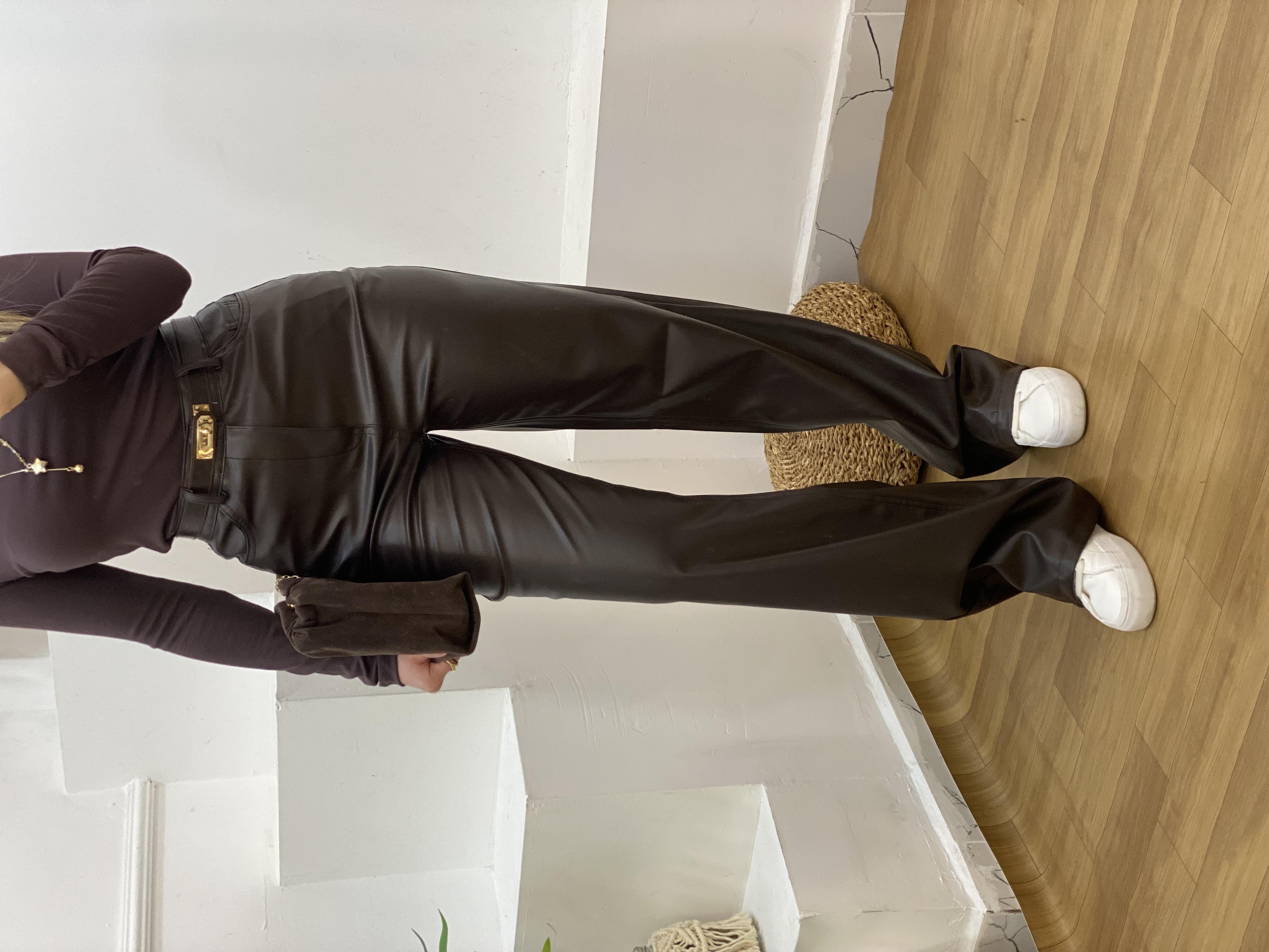 Acı Kahve Şardonlu Palazzo Deri Pantolon 