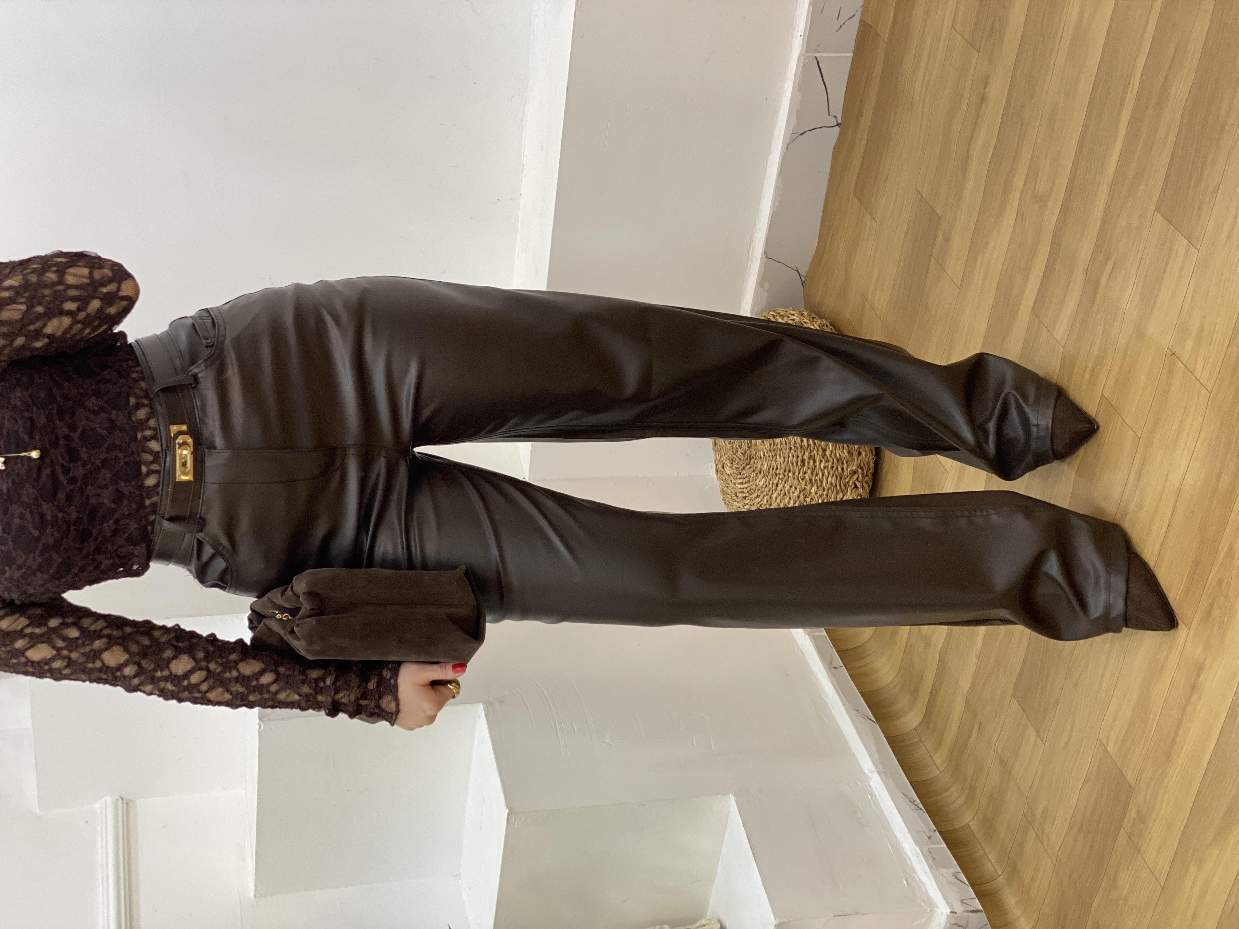 Acı Kahve Şardonlu Palazzo Deri Pantolon 