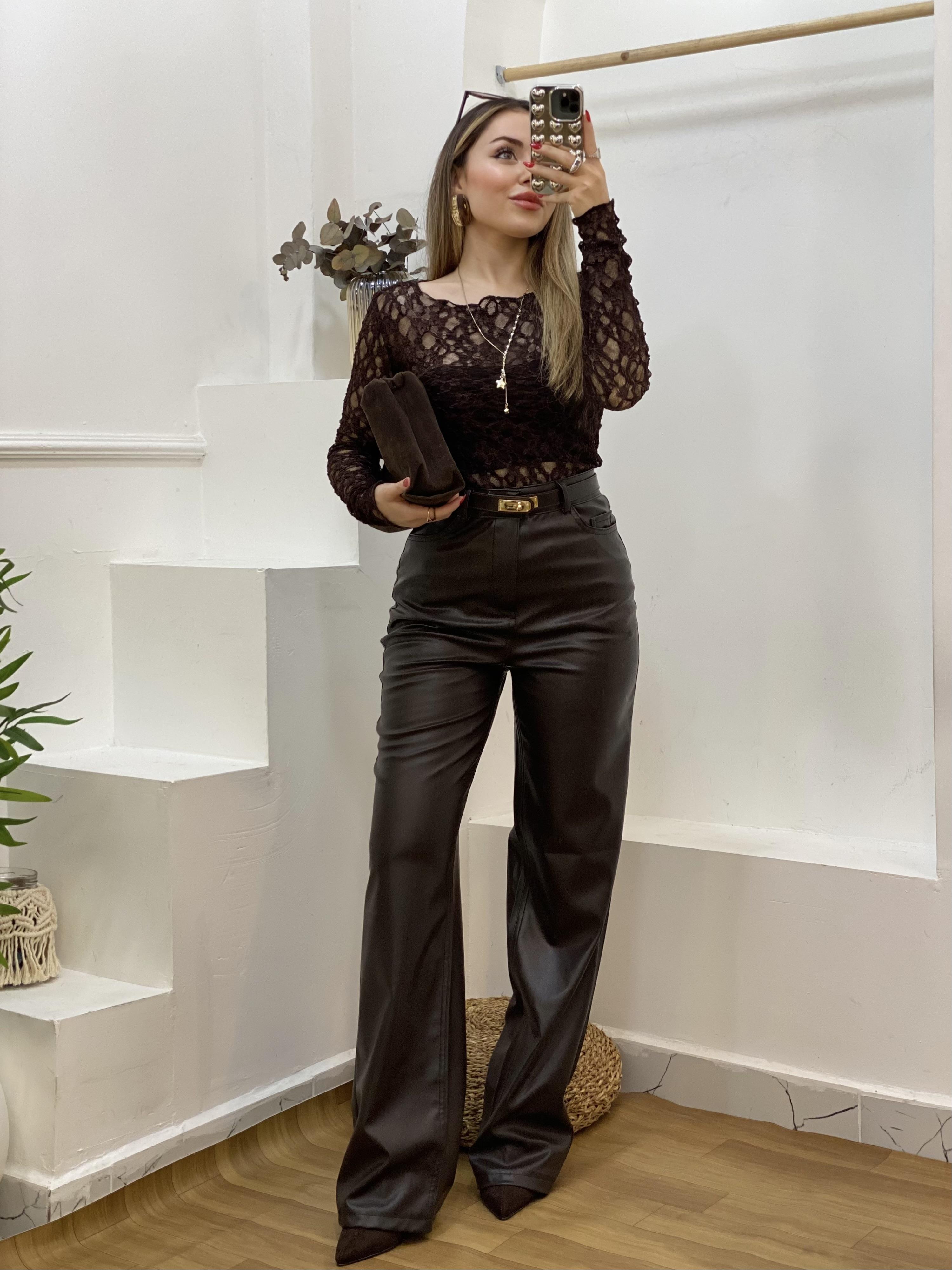 Acı Kahve Şardonlu Palazzo Deri Pantolon 