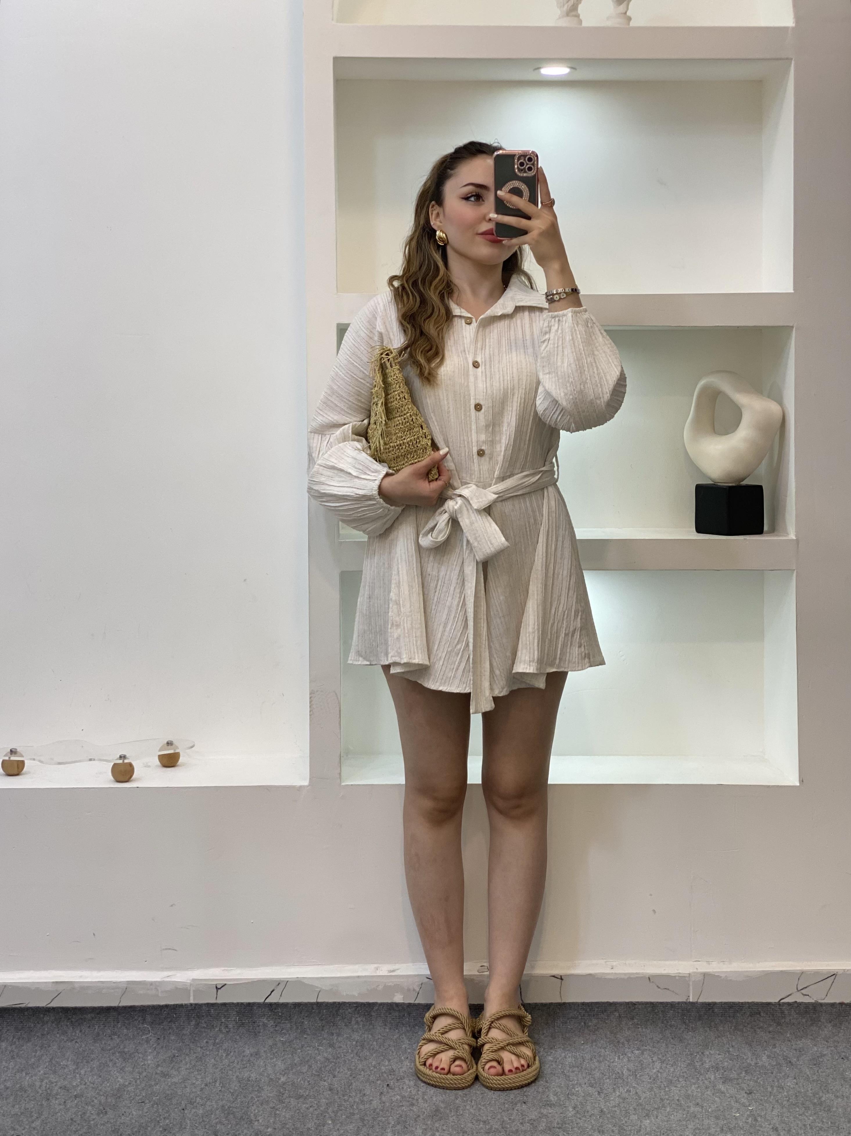 Açık Bej Beli Kuşaklı Tulum
