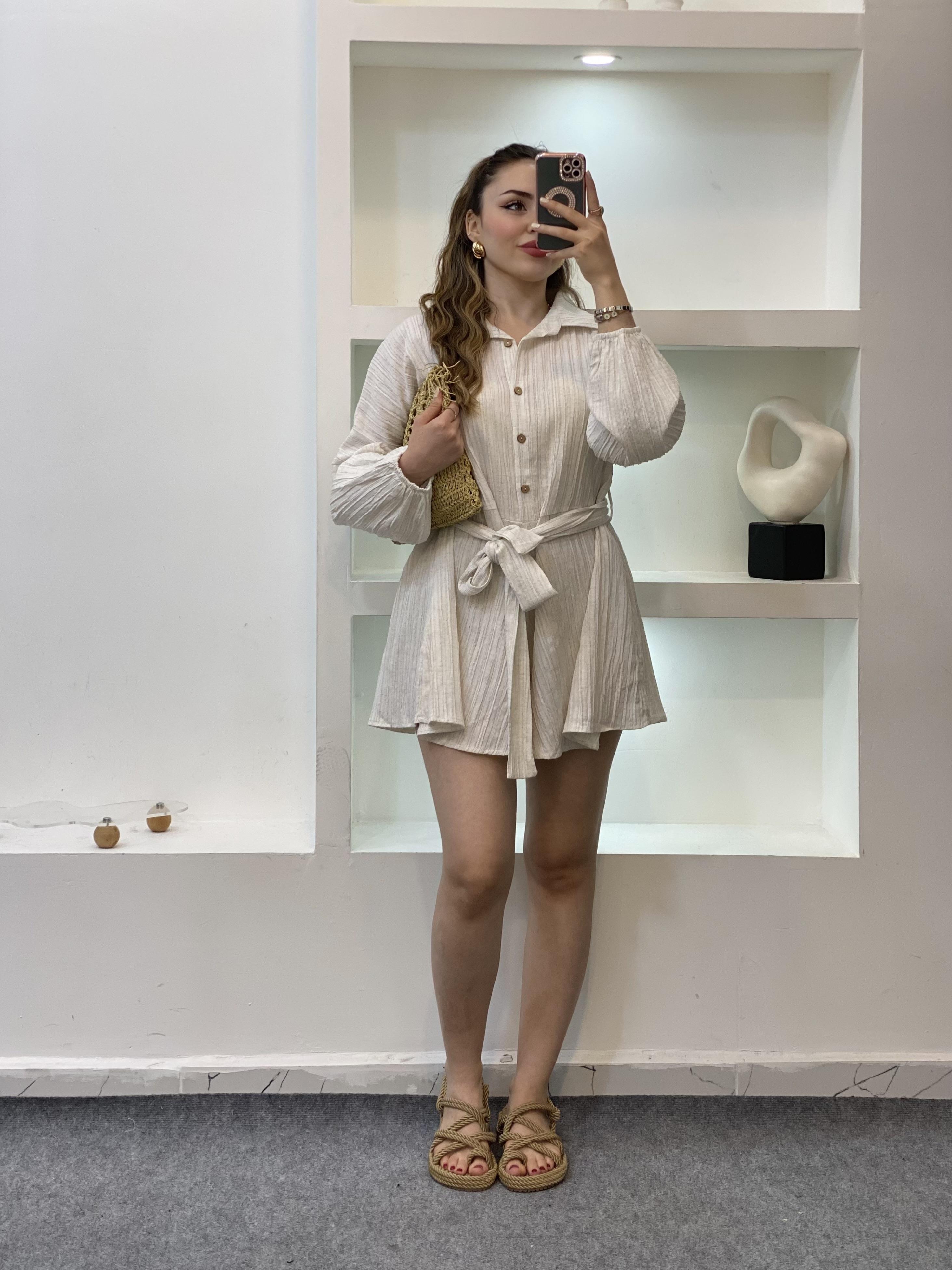 Açık Bej Beli Kuşaklı Tulum