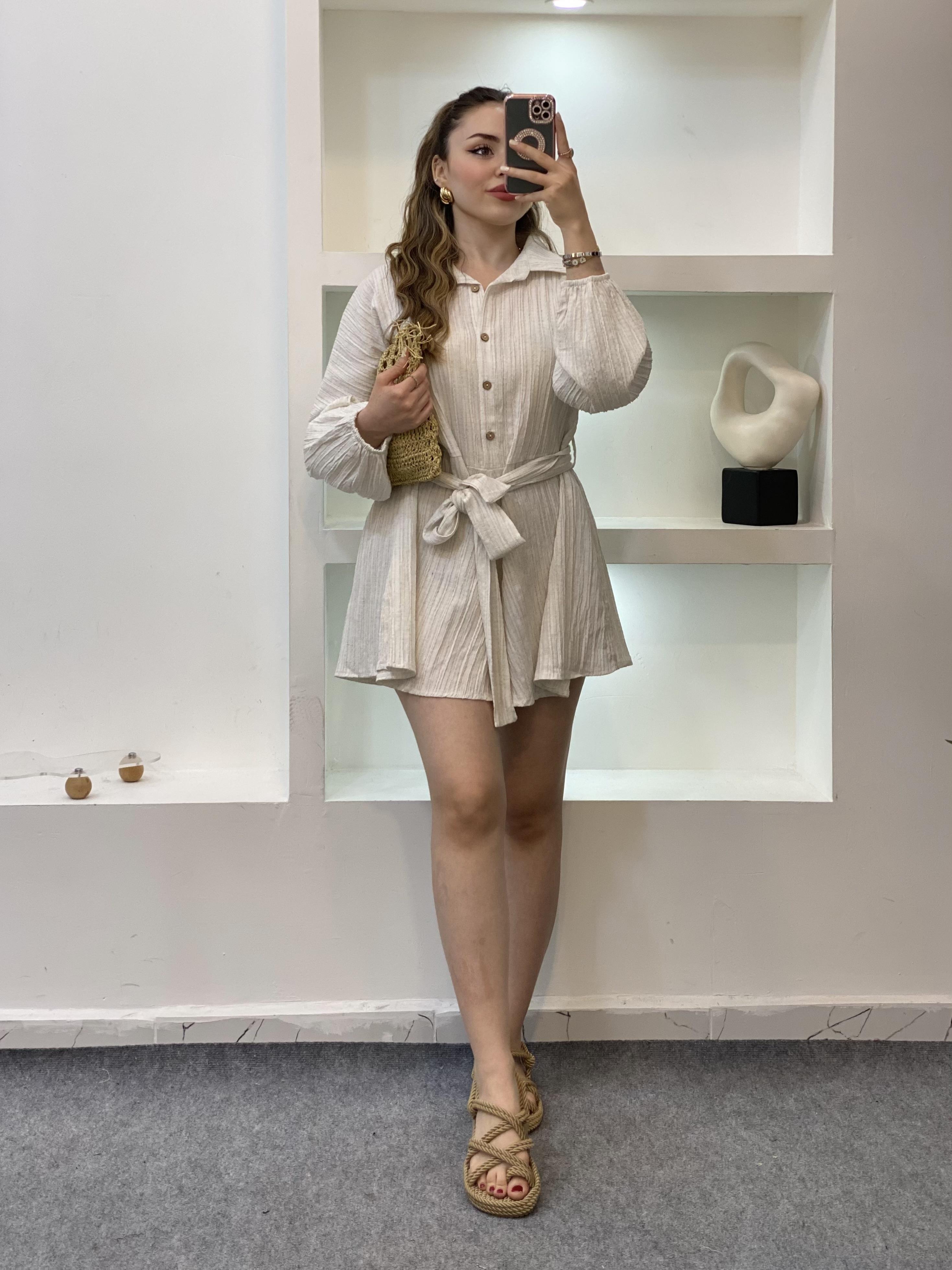 Açık Bej Beli Kuşaklı Tulum