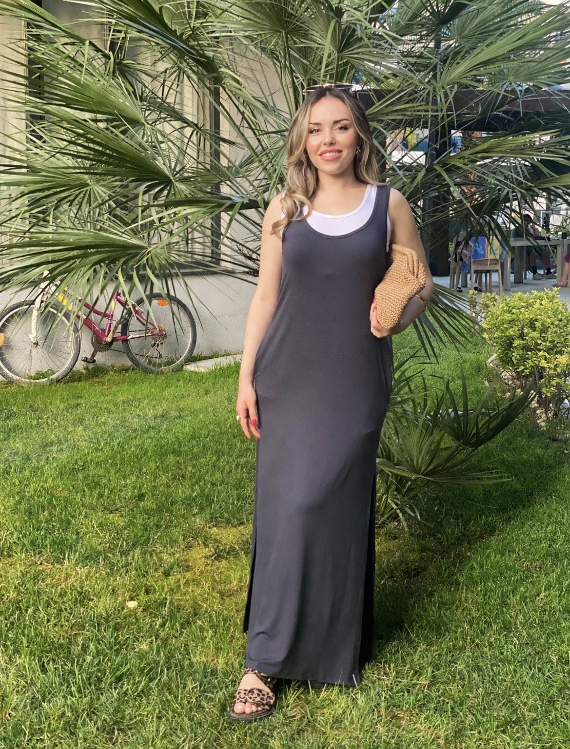 Antrasit 2li Yırtmaçlı Penye Kumaş Likralı Elbise 