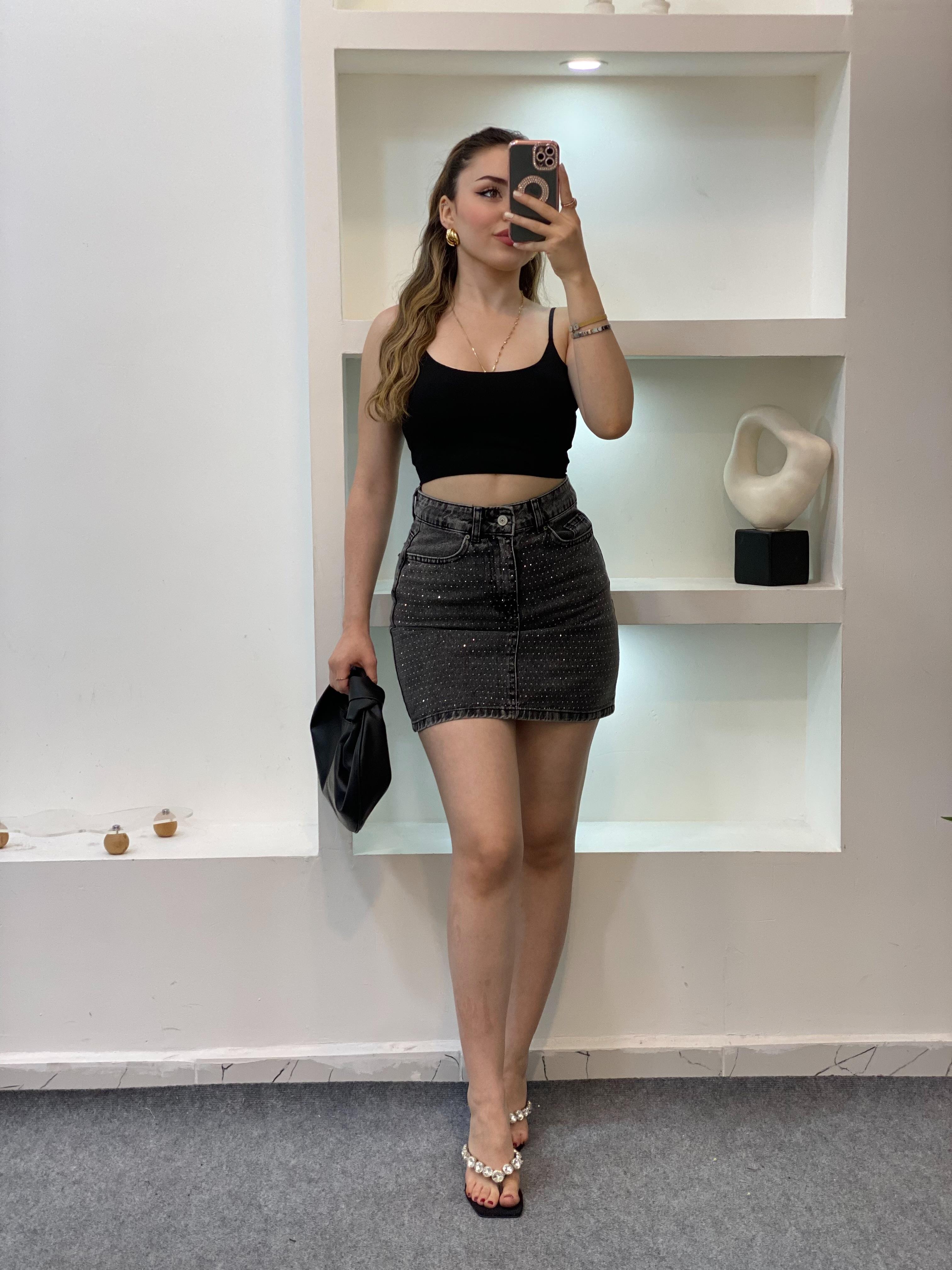 Antrasit Taşlı Model Denim Etek