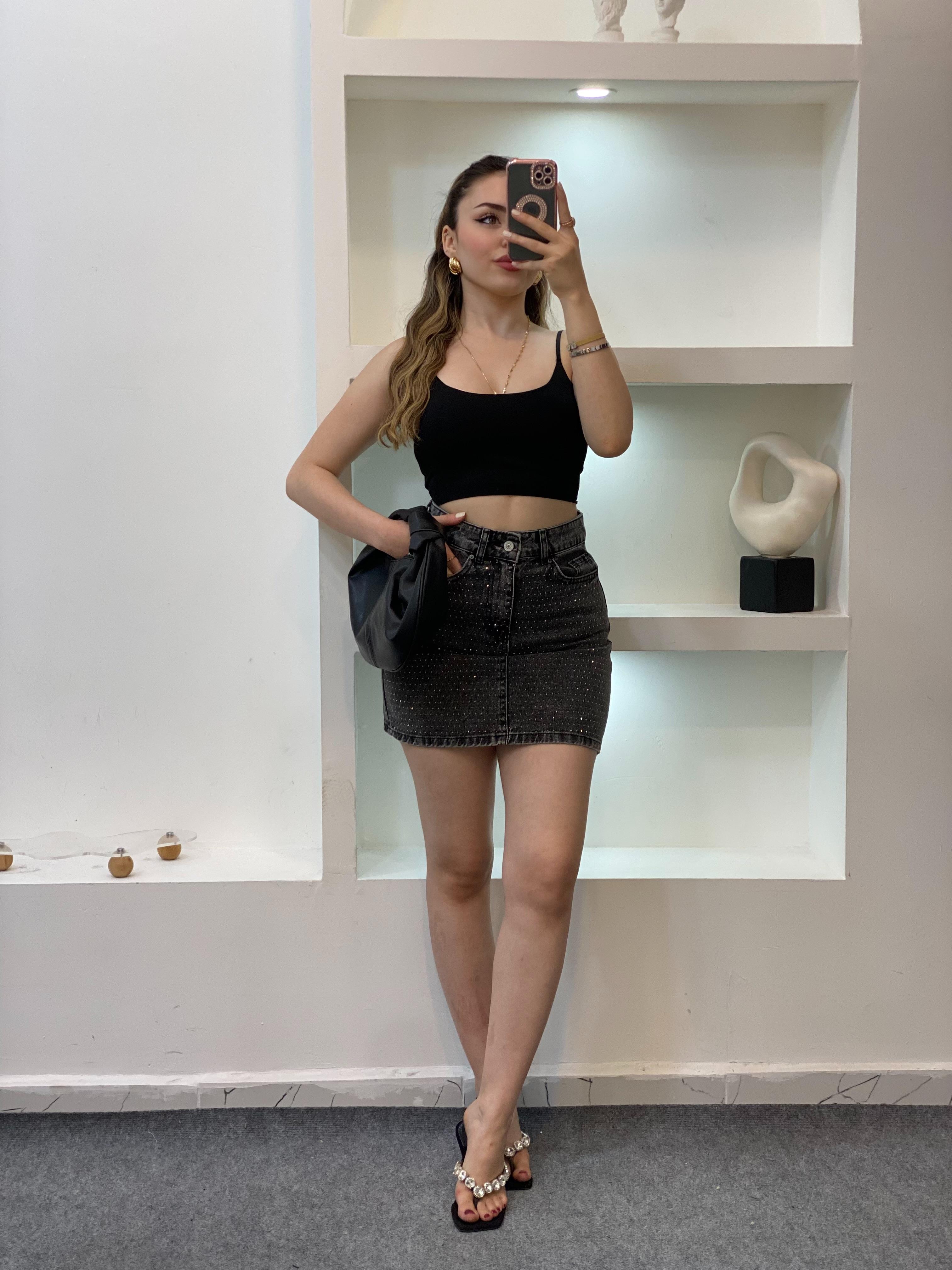 Antrasit Taşlı Model Denim Etek