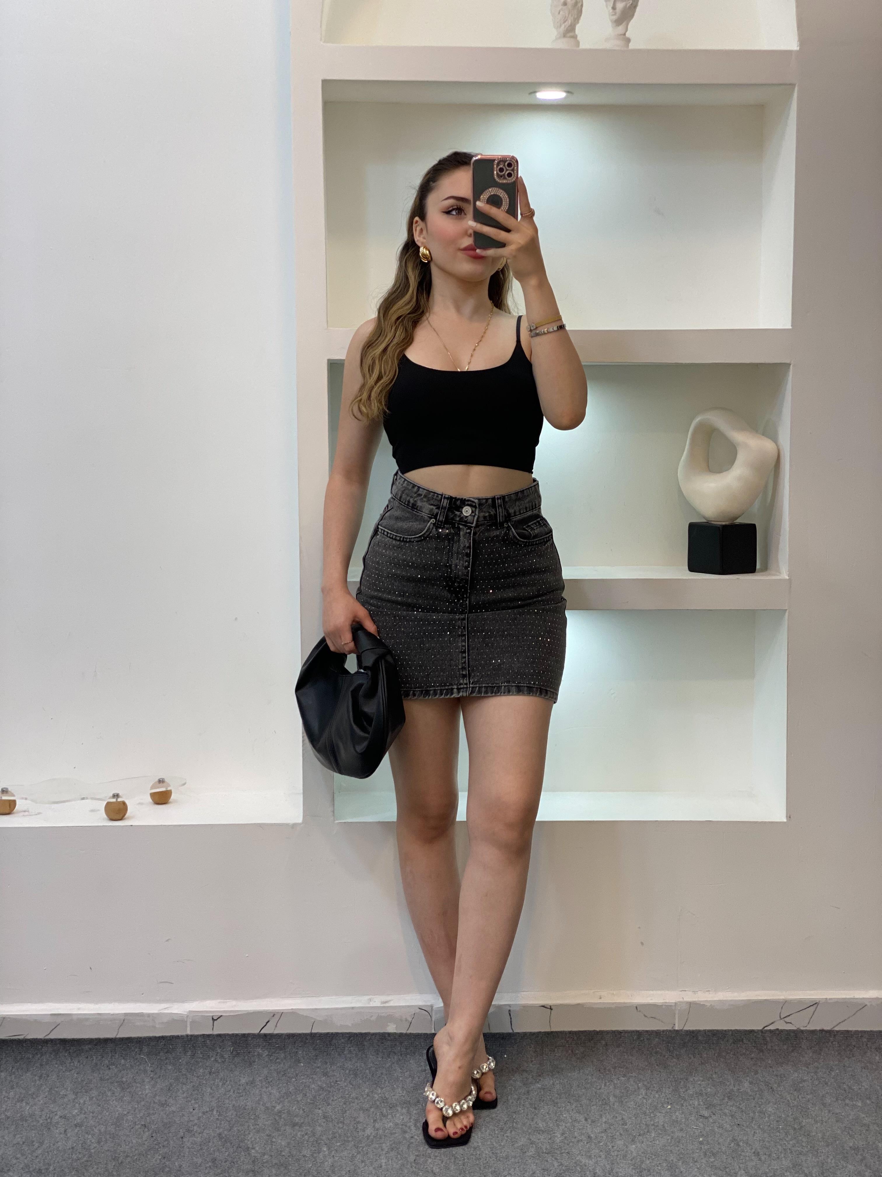 Antrasit Taşlı Model Denim Etek