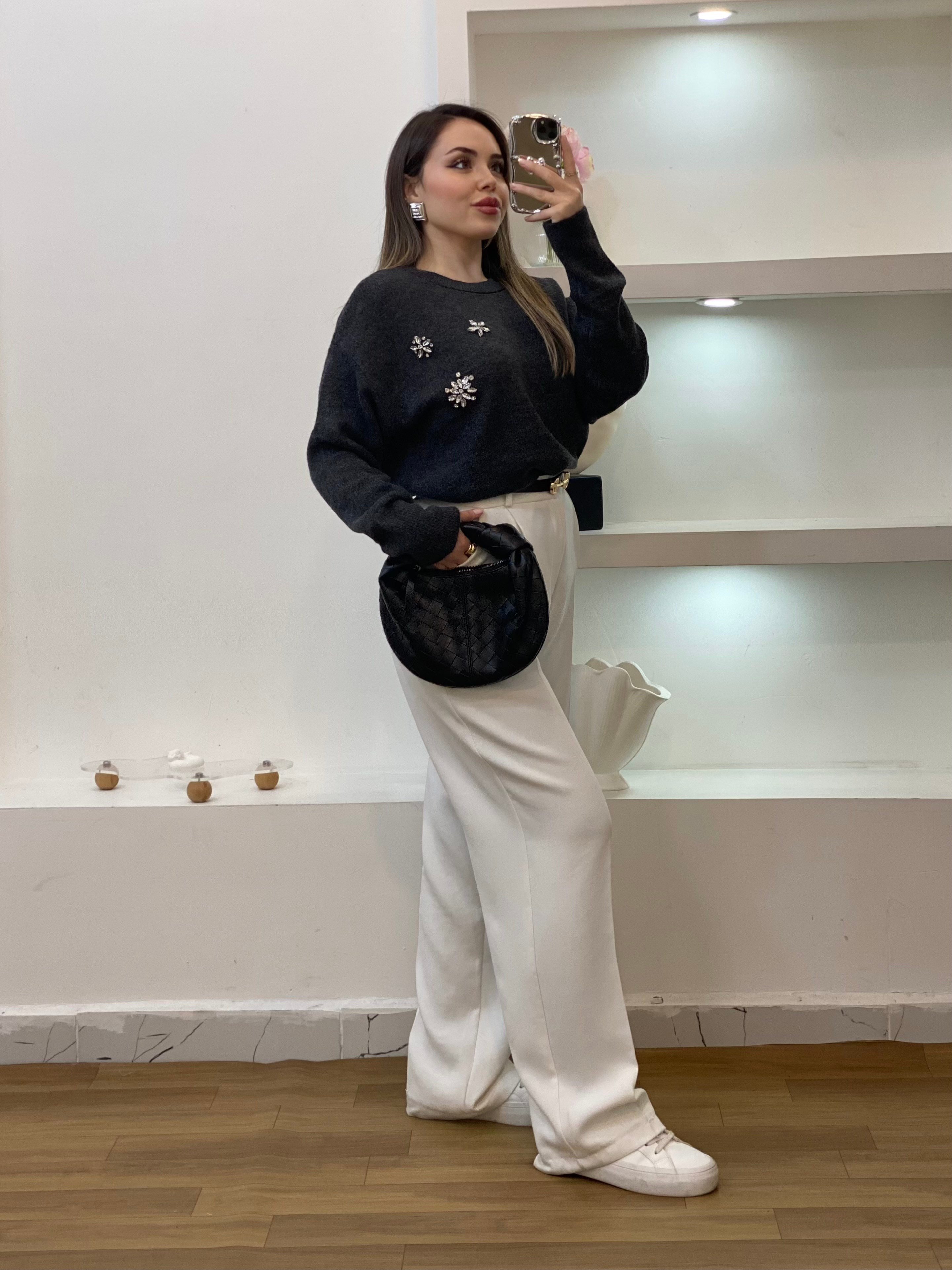 Antrasit Taşlı Model Triko Kazak