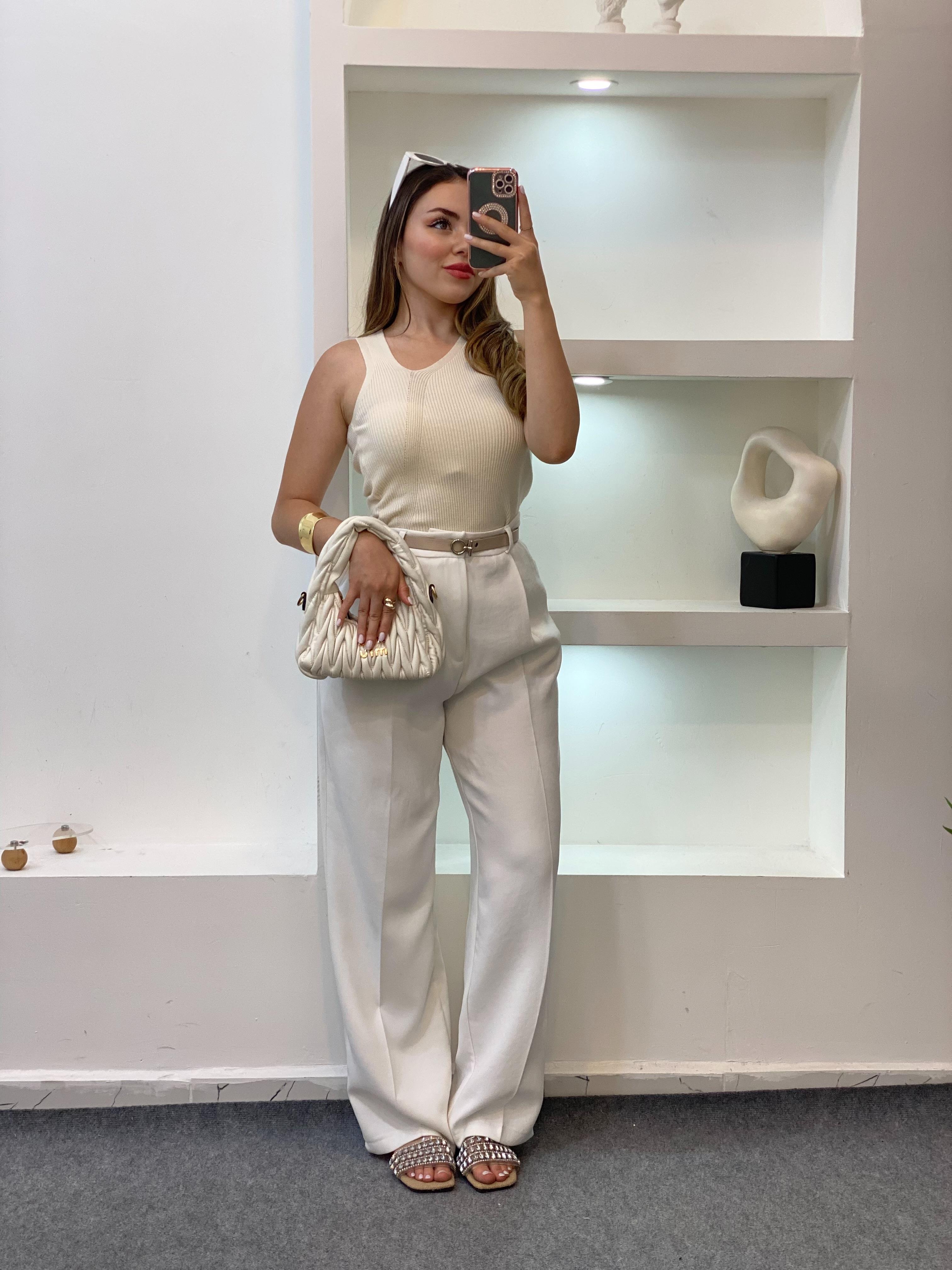 Bej Asimetrik Yaka Triko Bluz