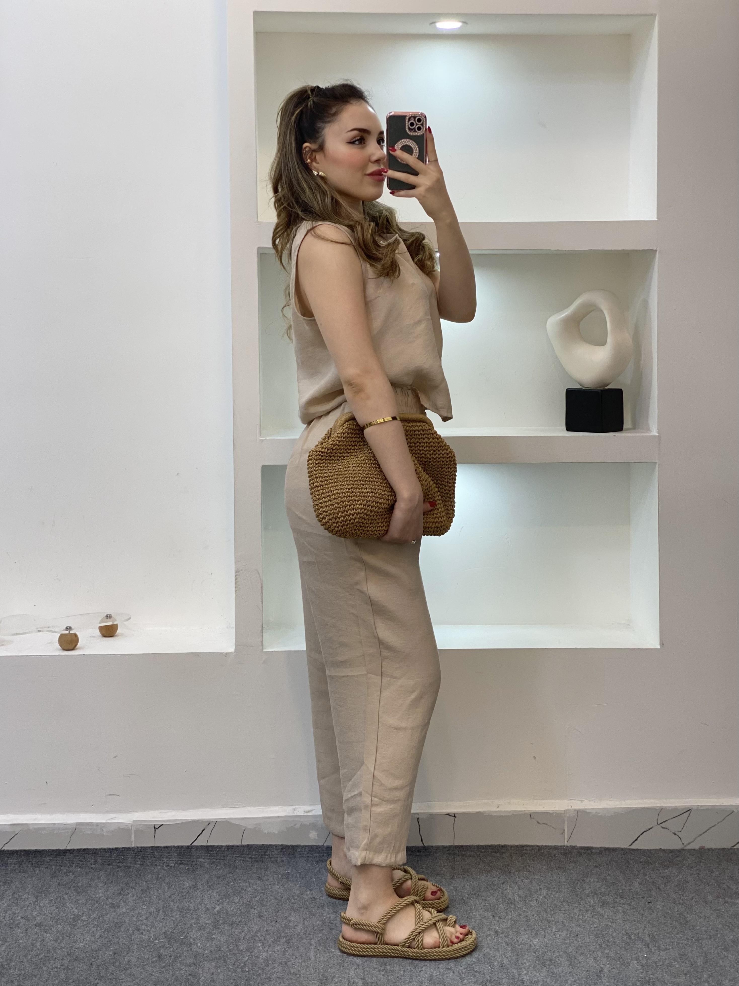 Bej Bluz Pantolon Tensel Takım